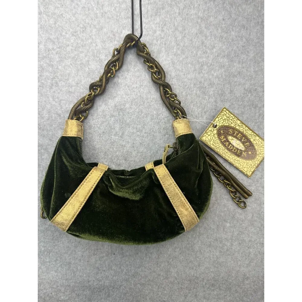 Steve Madden Green Velvet Medusa Hobo Bag Heavy Bronze Chain
